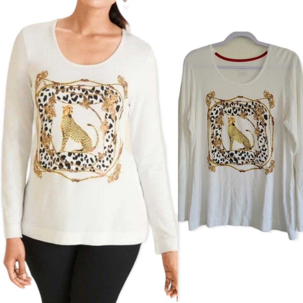 Chico's Cheetah Animal Print Long Sleeve The Ultimate Tee 2 / L